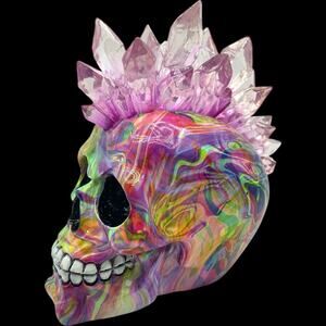 Skull Color Changing Rainbow Punk with Mohawk Crystal Hair Statue